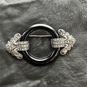 Vintage Sterling Silver, Onyx, Marcasite, and Rhinestone Art Deco Brooch